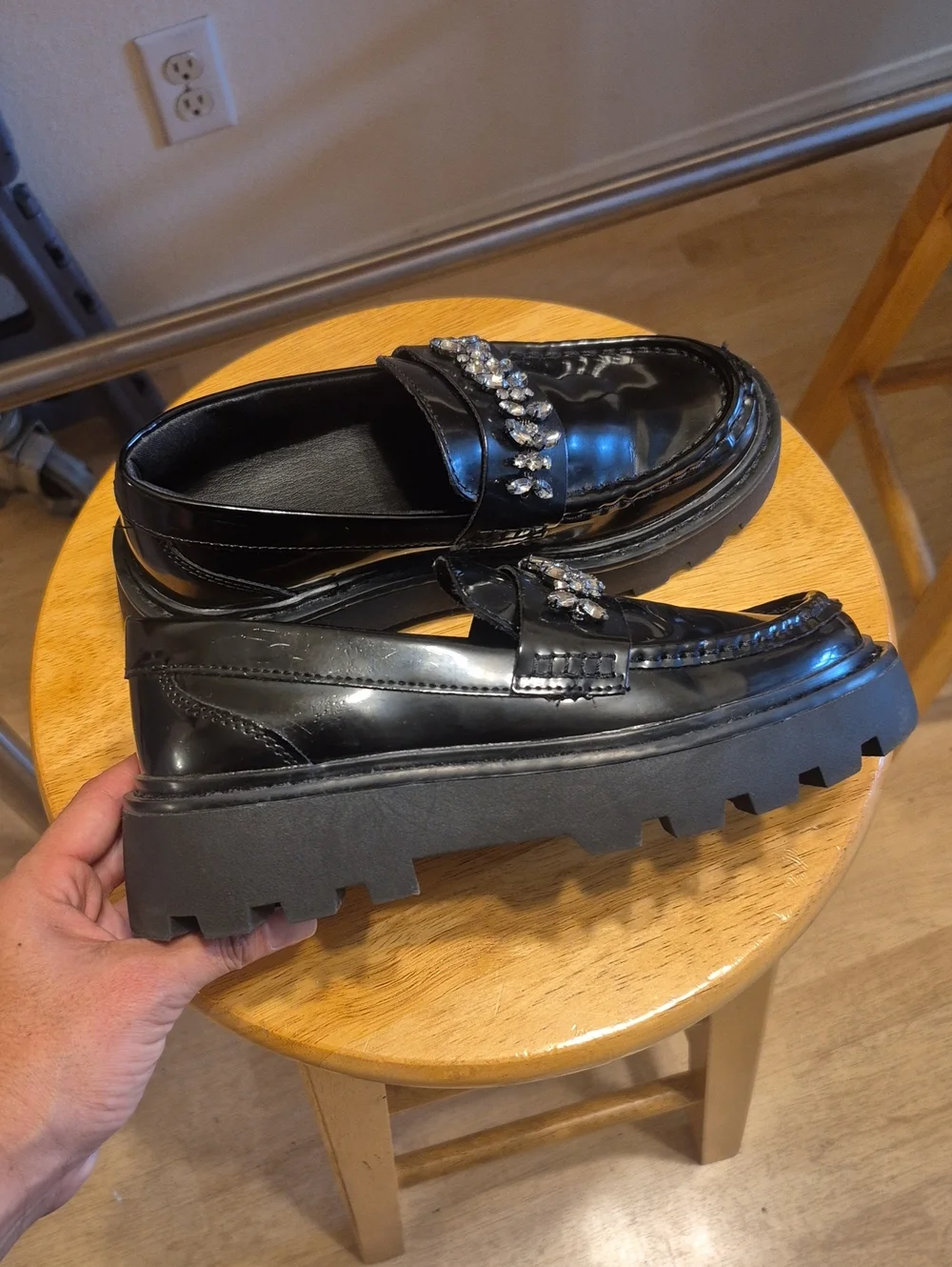 Zara Black Chuncky Platform Loafers Faux Leather & Rhinestones